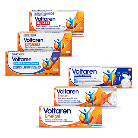 various Voltaren pain relief product pack shots 