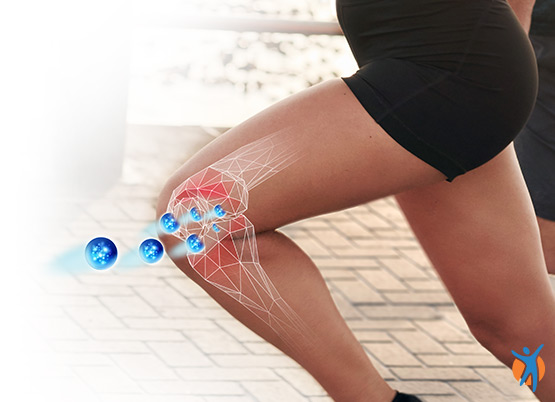 A depiction of knee pain relief from Diclofenac and a Voltaren logo 