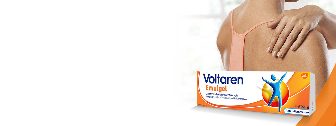 Women touching her back with Voltaren Emulgel packshot