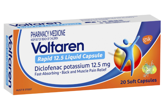 Voltaren Dolo 12.5 milligram fast absorbtion soft capsules for pain releif packaging