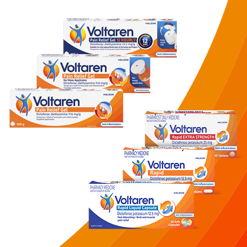 various Voltaren pain relief product pack shots 